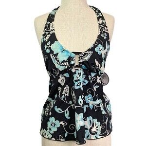 NEW Prego Tankini Set Womens Small Swimsuit Black Blue Floral Halter